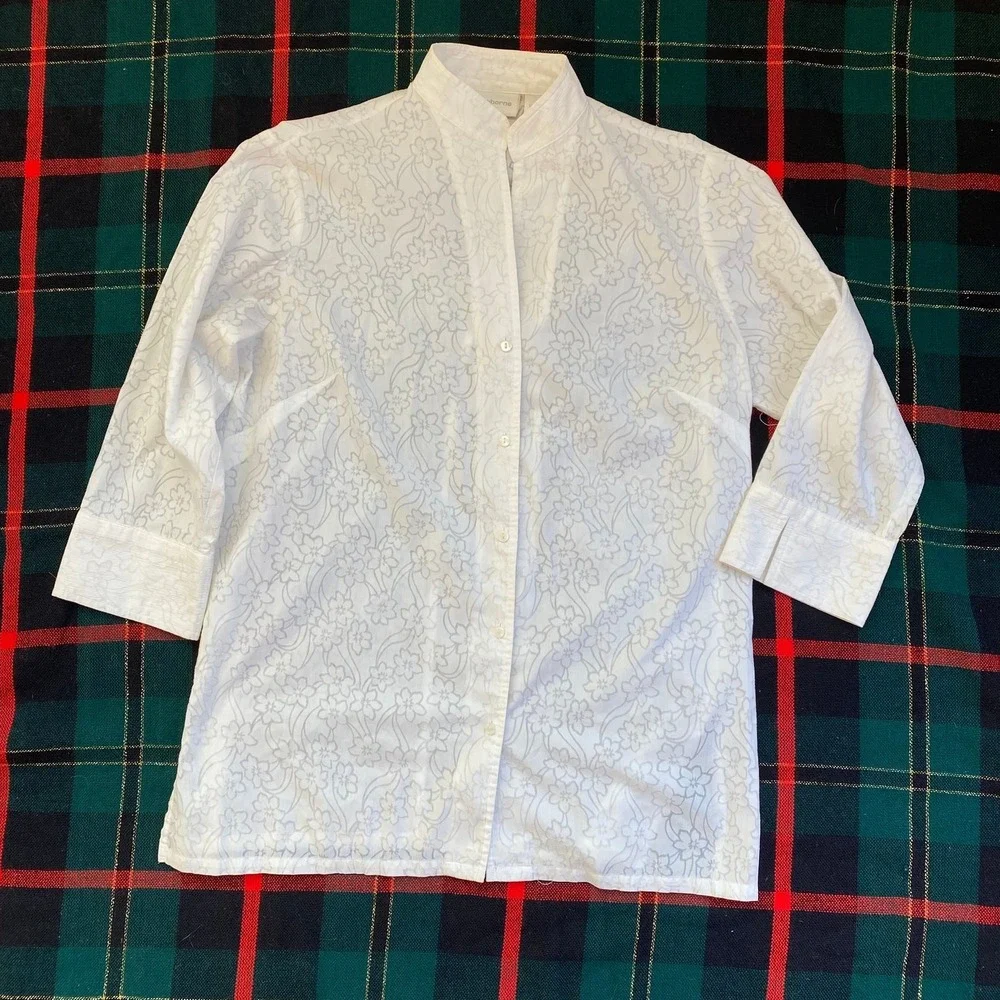 Liz Claiborne S Mandarin Style Semi Sheer Button Front Blouse IMMACULATE